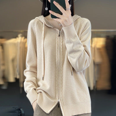 Dames Gebreide Hoodie Met Ritssluiting En Lange Mouwen