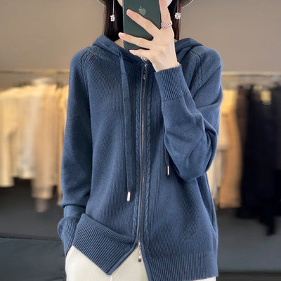 Dames Gebreide Hoodie Met Ritssluiting En Lange Mouwen