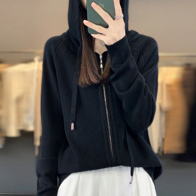 Dames Gebreide Hoodie Met Ritssluiting En Lange Mouwen