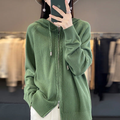 Dames Gebreide Hoodie Met Ritssluiting En Lange Mouwen