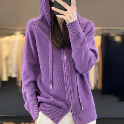 Dames Gebreide Hoodie Met Ritssluiting En Lange Mouwen