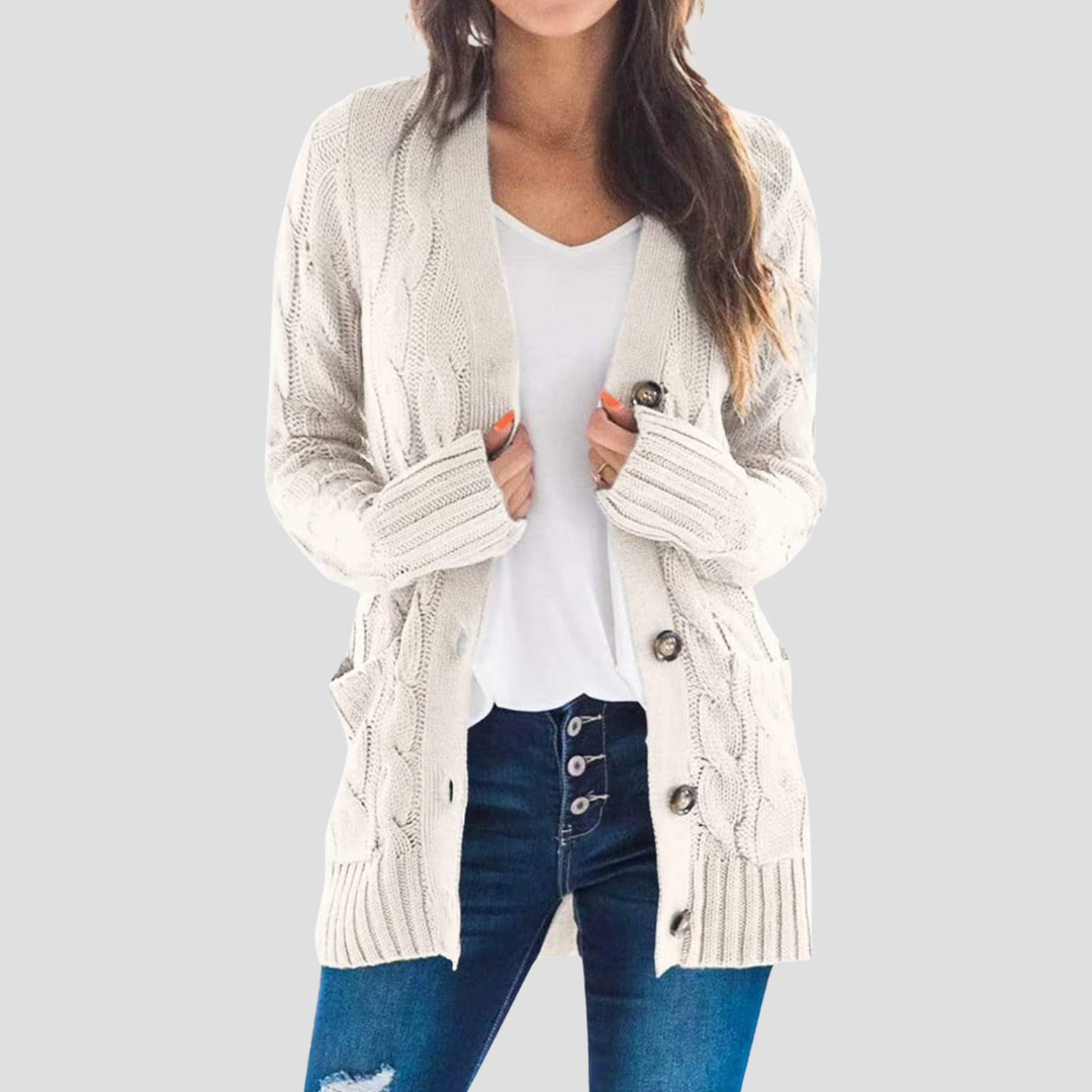 Dames Kabelgebreide Cardigan Met Knoopsluiting En Zakken