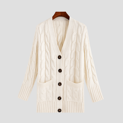 Dames Kabelgebreide Cardigan Met Knoopsluiting En Zakken