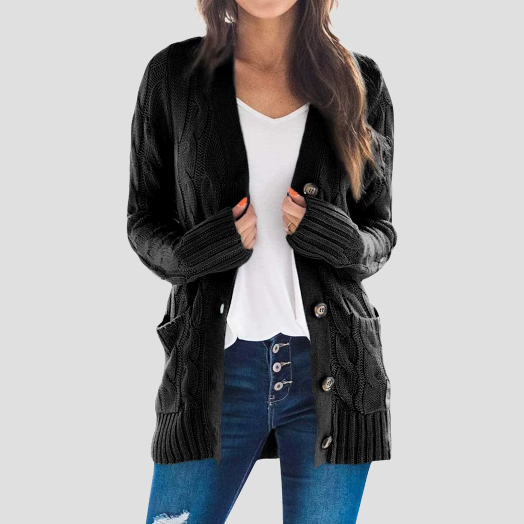 Dames Kabelgebreide Cardigan Met Knoopsluiting En Zakken