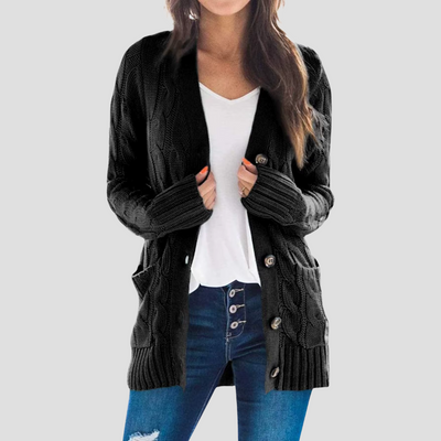 Dames Kabelgebreide Cardigan Met Knoopsluiting En Zakken