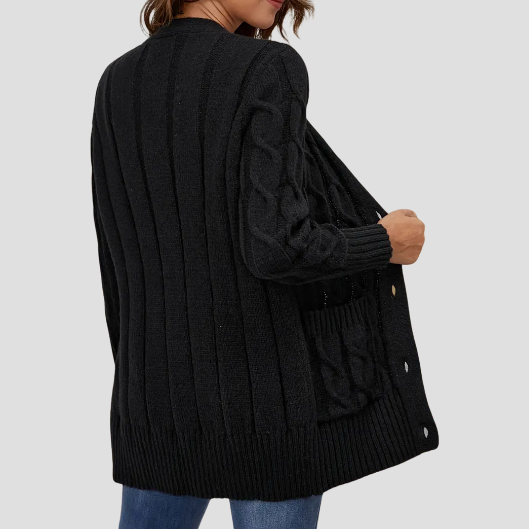 Dames Kabelgebreide Cardigan Met Knoopsluiting En Zakken