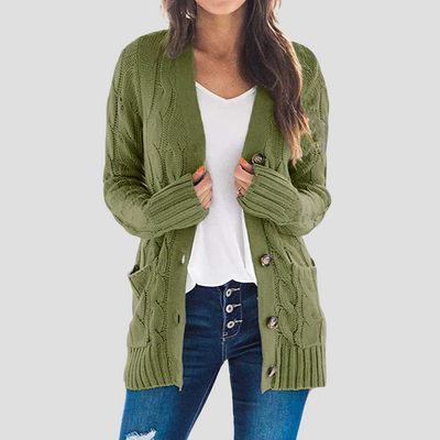 Dames Kabelgebreide Cardigan Met Knoopsluiting En Zakken