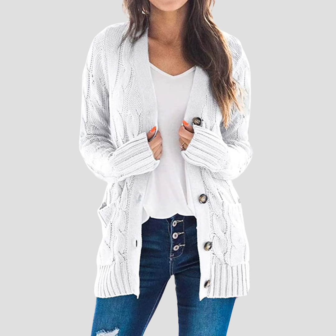 Dames Kabelgebreide Cardigan Met Knoopsluiting En Zakken