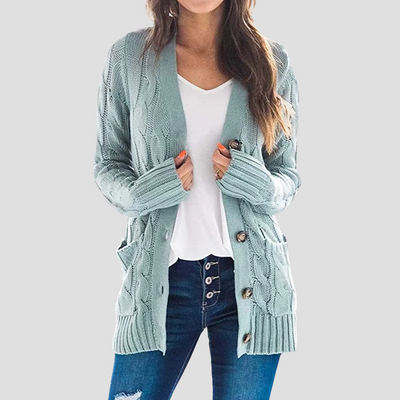 Dames Kabelgebreide Cardigan Met Knoopsluiting En Zakken