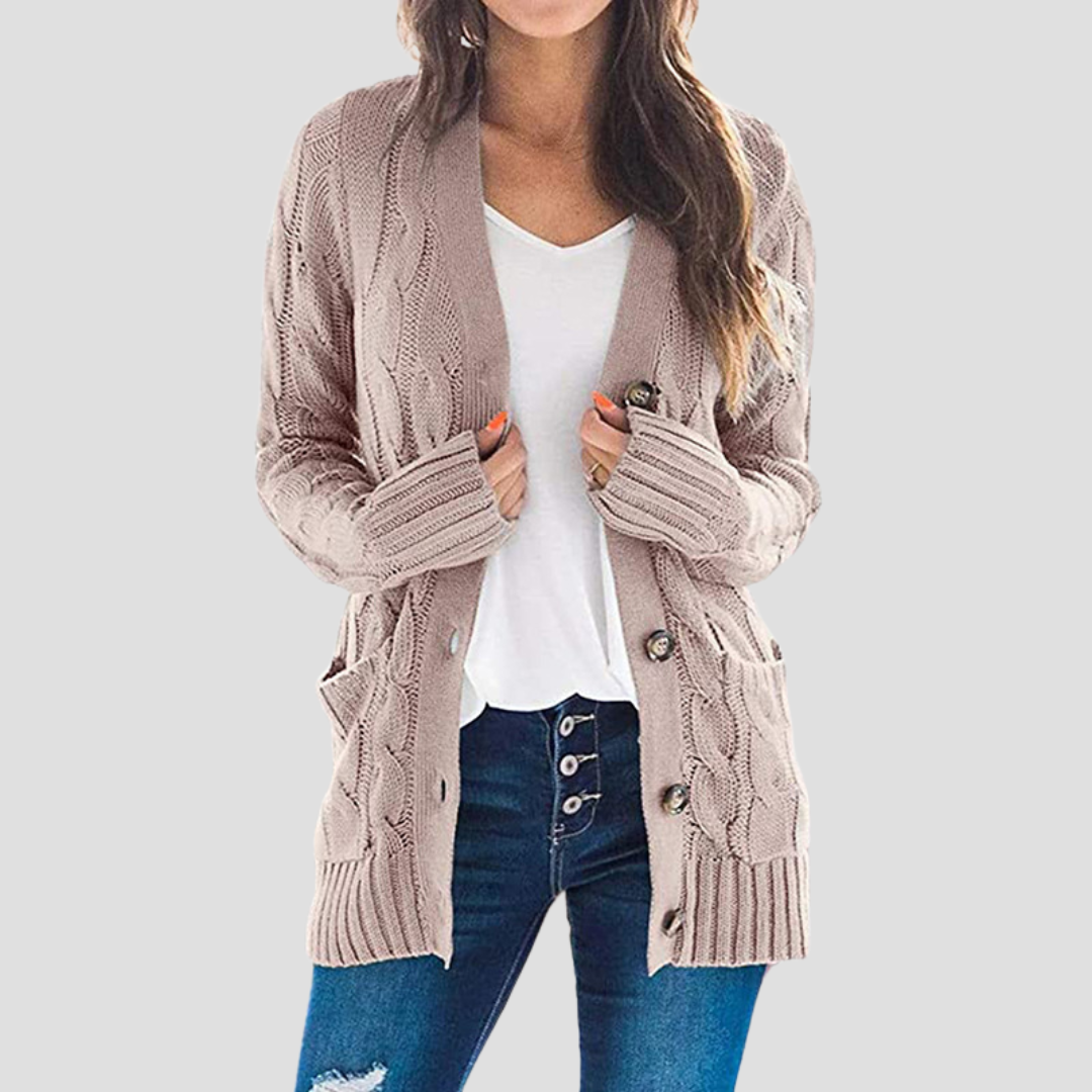 Dames Kabelgebreide Cardigan Met Knoopsluiting En Zakken