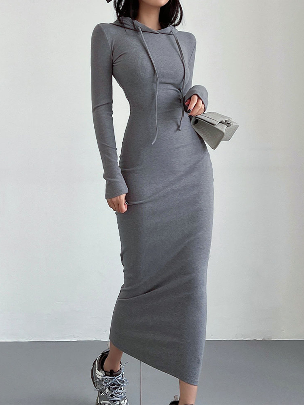 Dames Maxi Gebreide Trui Jurk Met Capuchon En Lange Mouwen