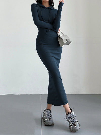 Dames Maxi Gebreide Trui Jurk Met Capuchon En Lange Mouwen