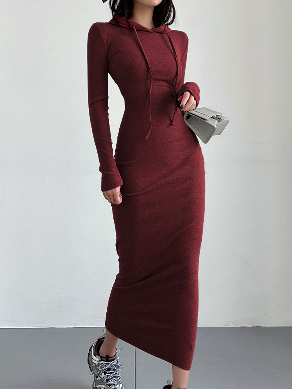 Dames Maxi Gebreide Trui Jurk Met Capuchon En Lange Mouwen