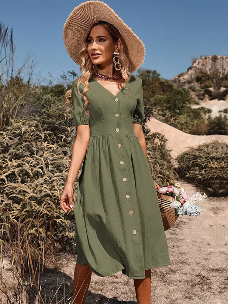 Dames Katoenen Zomerjurk Met V-Hals En Elastische Taille