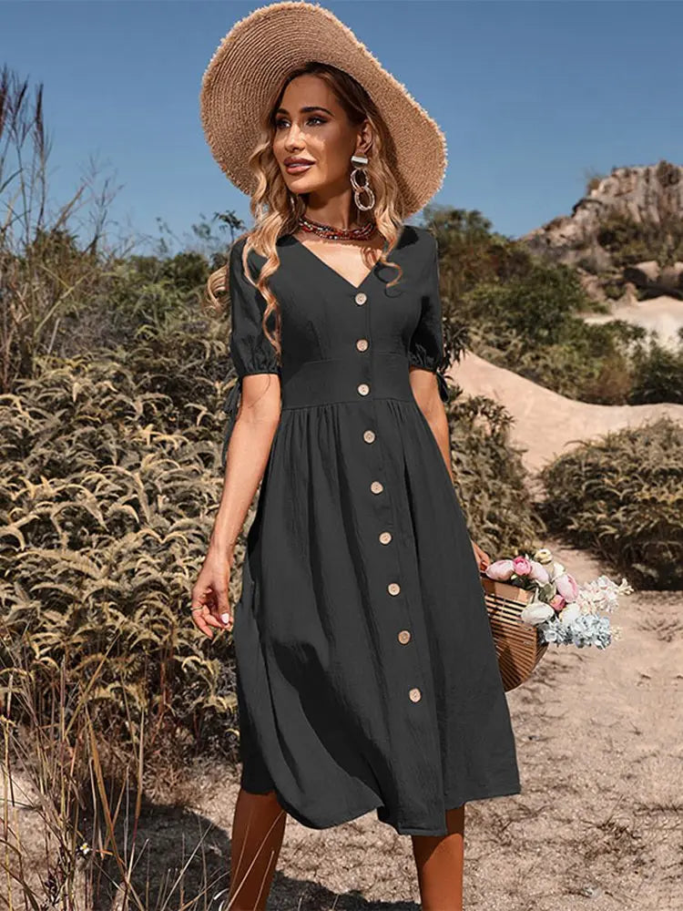 Dames Katoenen Zomerjurk Met V-Hals En Elastische Taille