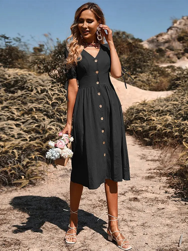 Dames Katoenen Zomerjurk Met V-Hals En Elastische Taille
