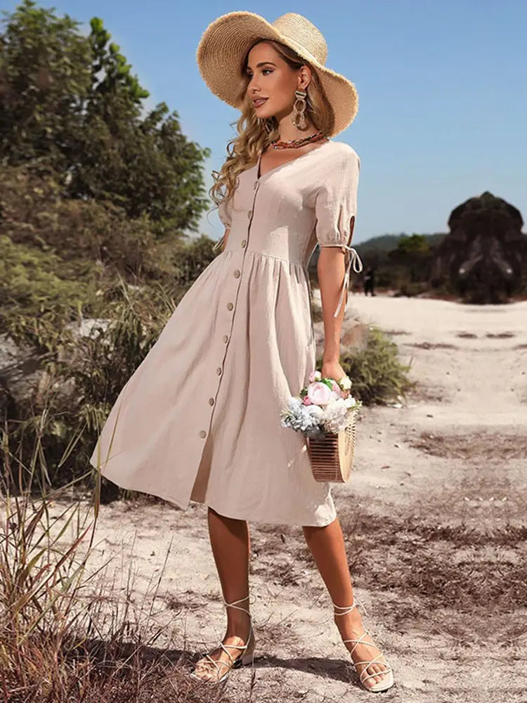 Dames Katoenen Zomerjurk Met V-Hals En Elastische Taille