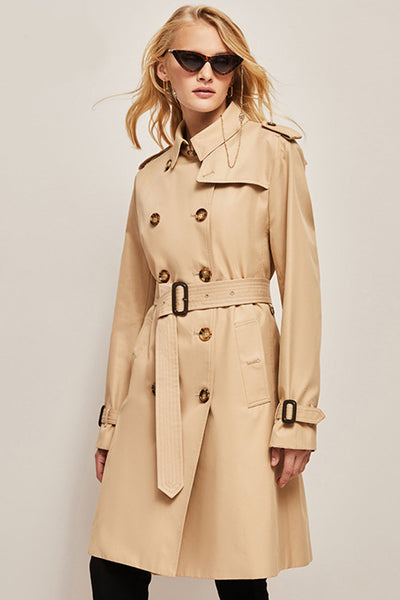 Dames Lange Slim Fit Trenchcoat Met Riem En Dubbele Rij Knopen
