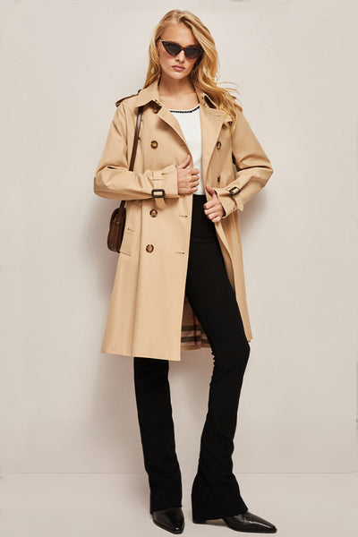 Dames Lange Slim Fit Trenchcoat Met Riem En Dubbele Rij Knopen