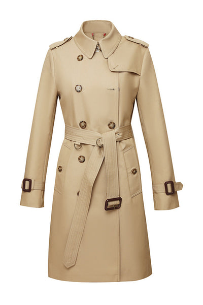 Dames Lange Slim Fit Trenchcoat Met Riem En Dubbele Rij Knopen