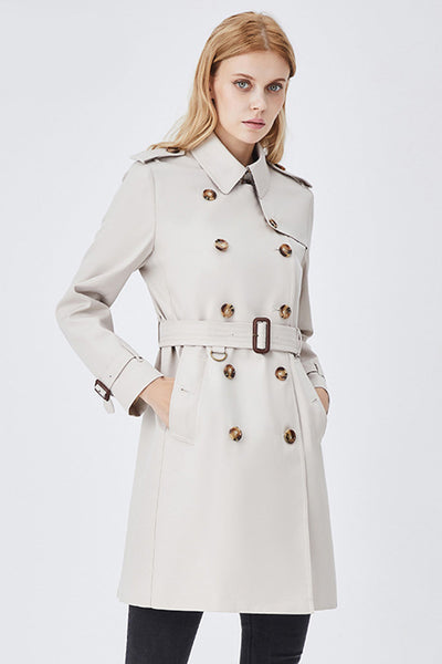 Dames Lange Slim Fit Trenchcoat Met Riem En Dubbele Rij Knopen