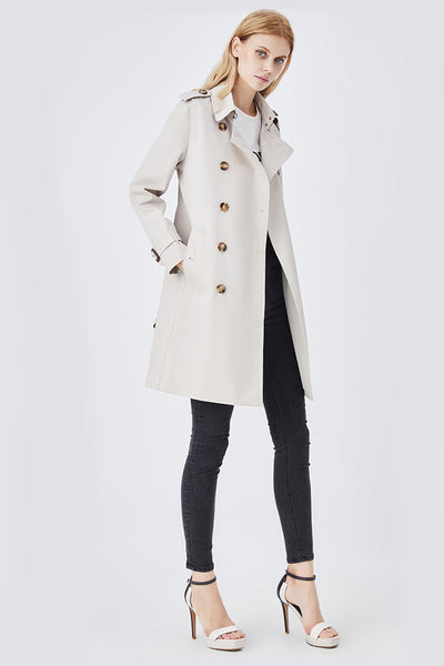 Dames Lange Slim Fit Trenchcoat Met Riem En Dubbele Rij Knopen