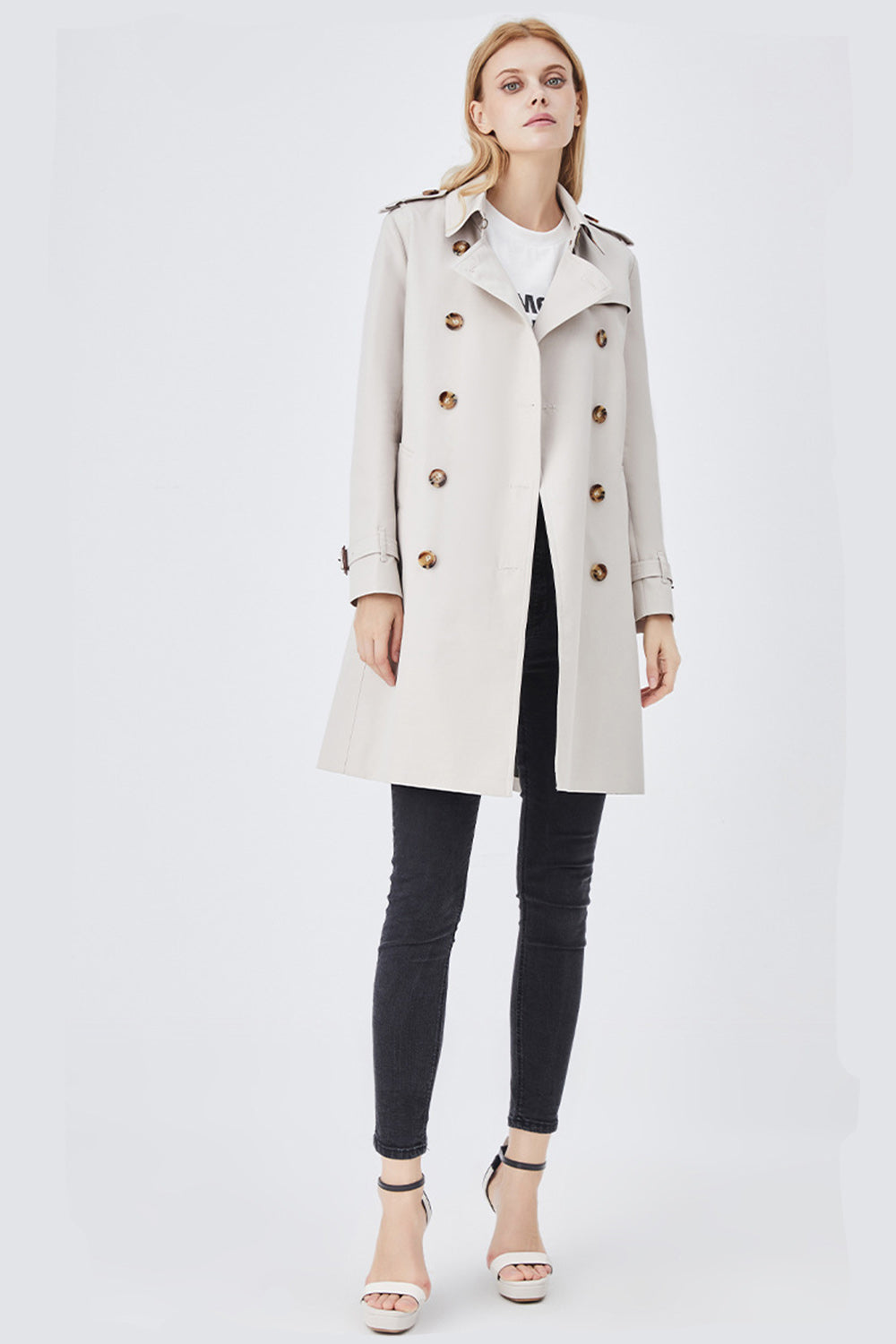 Dames Lange Slim Fit Trenchcoat Met Riem En Dubbele Rij Knopen