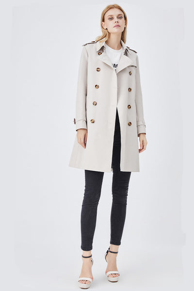 Dames Lange Slim Fit Trenchcoat Met Riem En Dubbele Rij Knopen