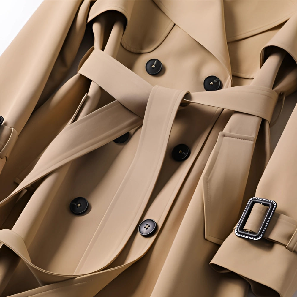 Dames Beige Trenchcoat Met Ceintuur En Dubbele Knopen