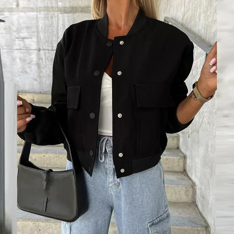 Dames Casual Bomberjack Met Zakken En Lange Mouwen