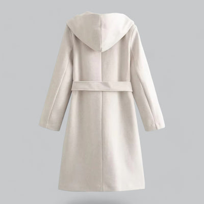 Dames Wollen Winterjas Met Capuchon En Riem In Knielange Stijl