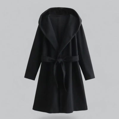 Dames Wollen Winterjas Met Capuchon En Riem In Knielange Stijl