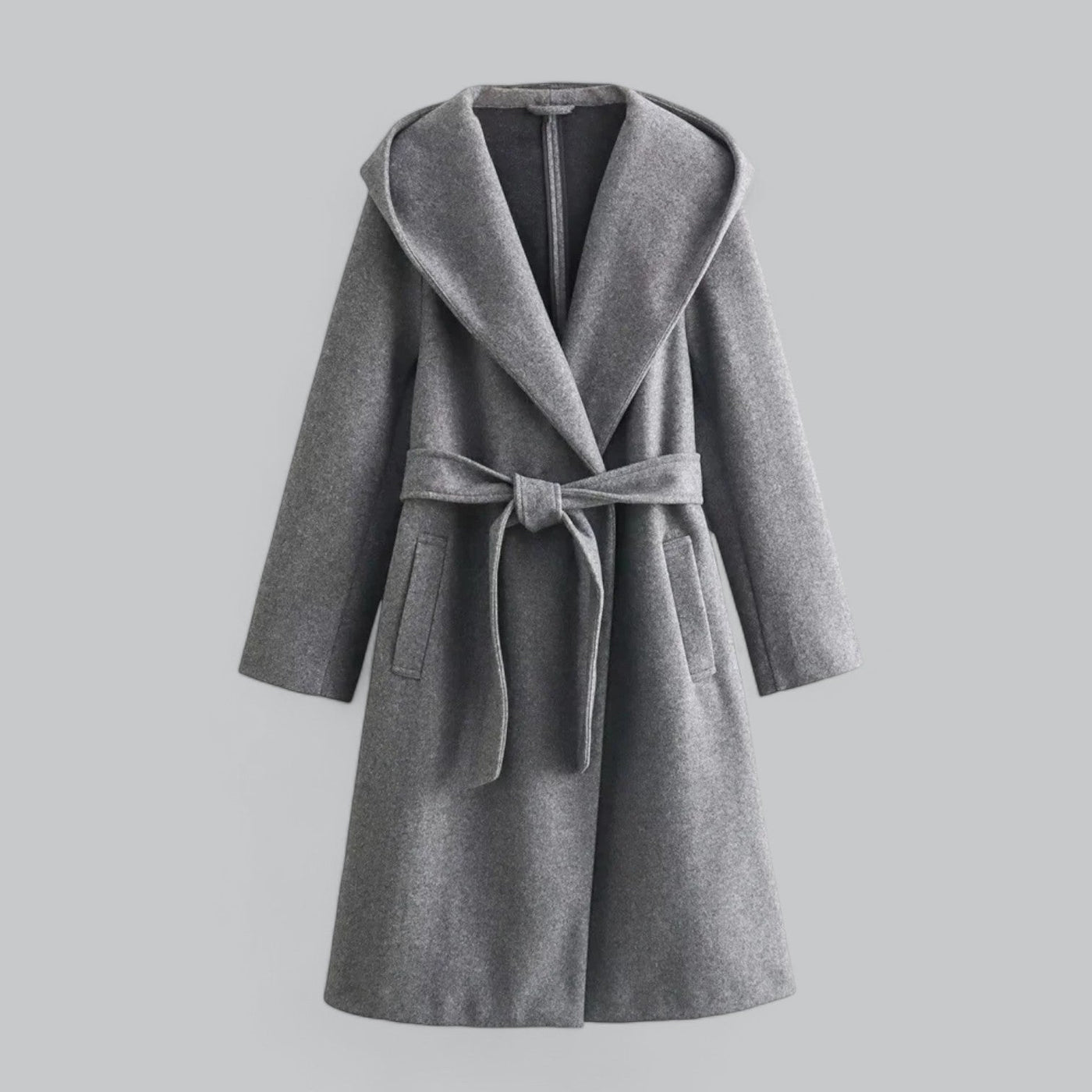Dames Wollen Winterjas Met Capuchon En Riem In Knielange Stijl