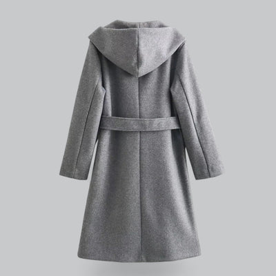 Dames Wollen Winterjas Met Capuchon En Riem In Knielange Stijl
