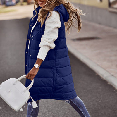 Dames Lange Bodywarmer Met Capuchon En Knopen