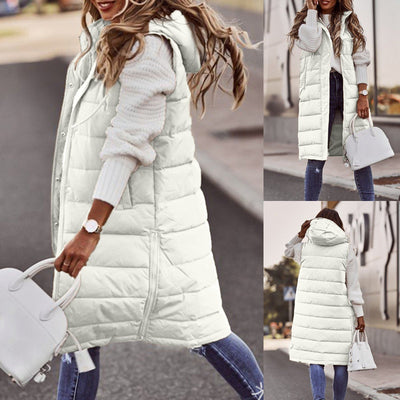 Dames Lange Bodywarmer Met Capuchon En Knopen
