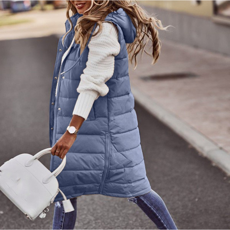 Dames Lange Bodywarmer Met Capuchon En Knopen