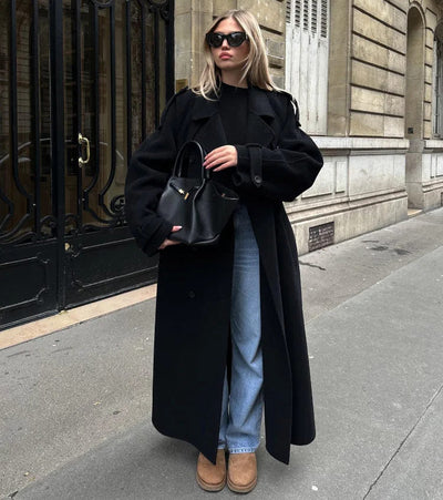 Dames Oversized Wollen Winterjas Lang Met Reverskraag