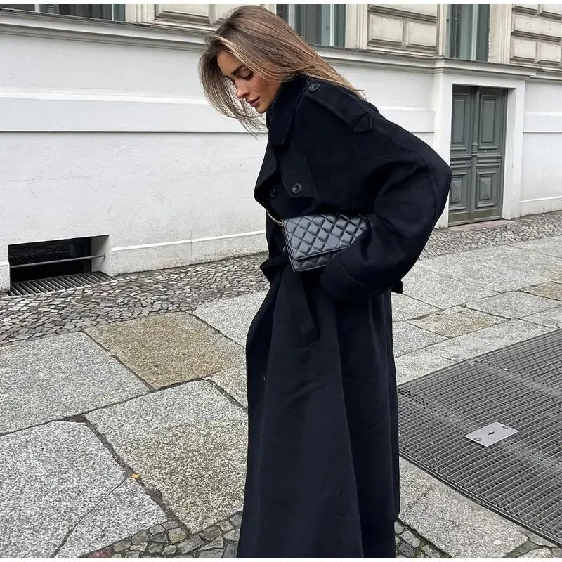 Dames Oversized Wollen Winterjas Lang Met Reverskraag