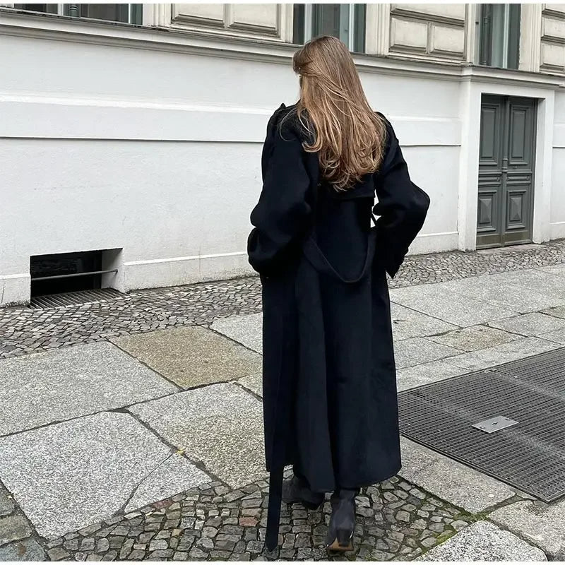 Dames Oversized Wollen Winterjas Lang Met Reverskraag
