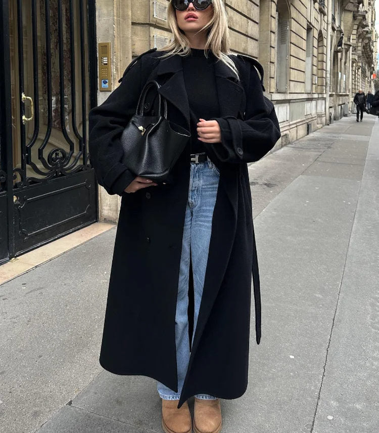 Dames Oversized Wollen Winterjas Lang Met Reverskraag