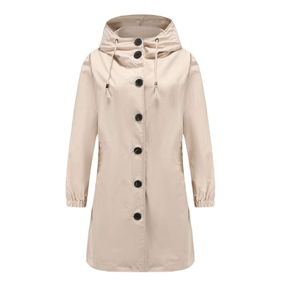 Dames Lange Regenjas Met Capuchon En Knopensluiting