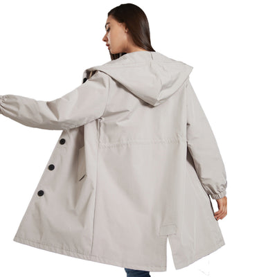 Dames Lange Regenjas Met Capuchon En Knopensluiting