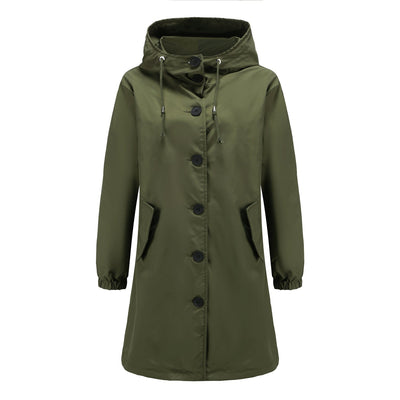 Dames Lange Regenjas Met Capuchon En Knopensluiting
