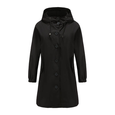 Dames Lange Regenjas Met Capuchon En Knopensluiting