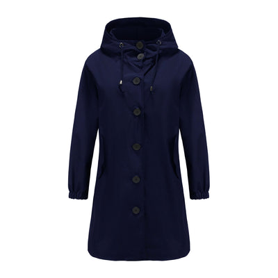 Dames Lange Regenjas Met Capuchon En Knopensluiting
