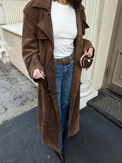 Dames Vintage Lange Trenchcoat Met Ceintuur En Dubbele Knopensluiting