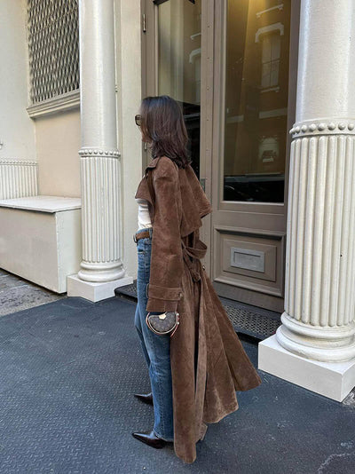 Dames Vintage Lange Trenchcoat Met Ceintuur En Dubbele Knopensluiting