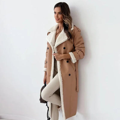 Dames Lange Teddy Trenchcoat Met Reverskraag En Ceintuur