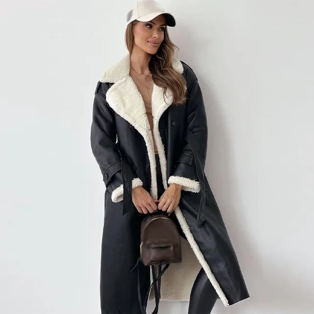 Dames Lange Teddy Trenchcoat Met Reverskraag En Ceintuur